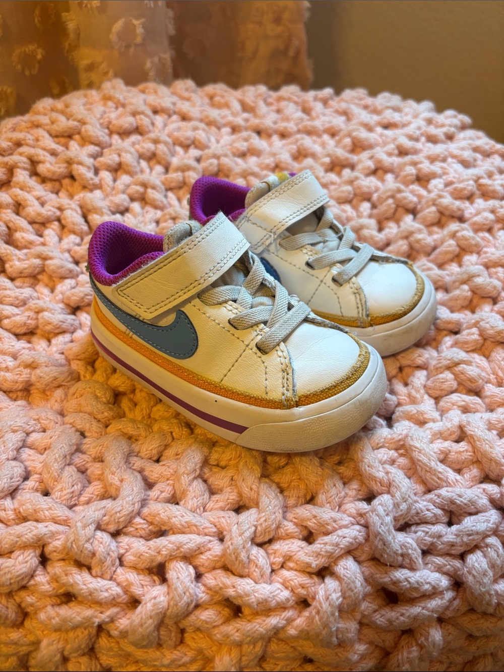 Nike Kids White Sneakers with Blue Swoosh and Purple Lining